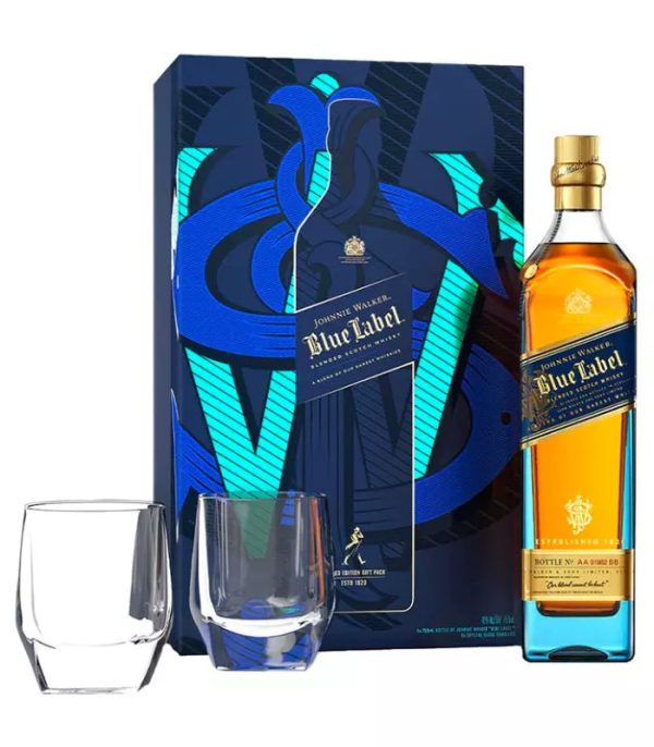 Johnnie Walker Blue Label Limited Edition Gist Set w  2 Crystal Glasses For Sale