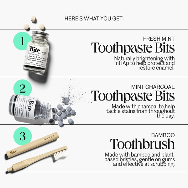 The Day to Night Teeth Brightening Kit - Whiter Teeth in 3 Days with Bite Toothpaste Bits in Mint and Mint Charcoal, Comes with Free Bamboo Toothbrush Supply - Image 3
