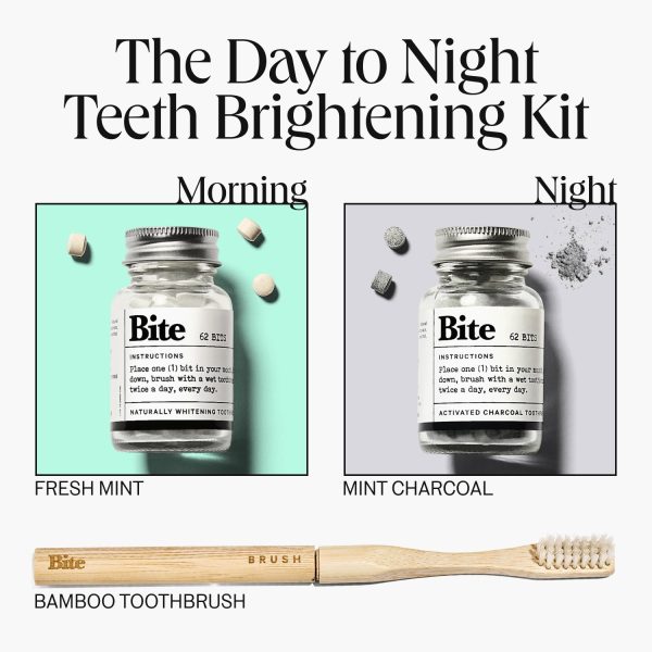 The Day to Night Teeth Brightening Kit - Whiter Teeth in 3 Days with Bite Toothpaste Bits in Mint and Mint Charcoal, Comes with Free Bamboo Toothbrush Supply