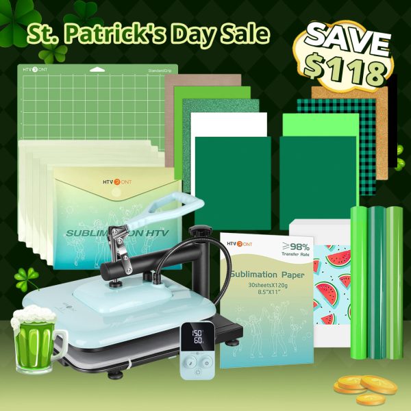[St. Patrick s Day Deal] HTVRONT Manual Heat Press Machine 15  x 15  110V + St. Patrick s Day Theme Kit (Including Heat Transfer Vinyl, Glitter HTV, Sublimation Paper, Sublimation HTV, Cutting Mat) Supply